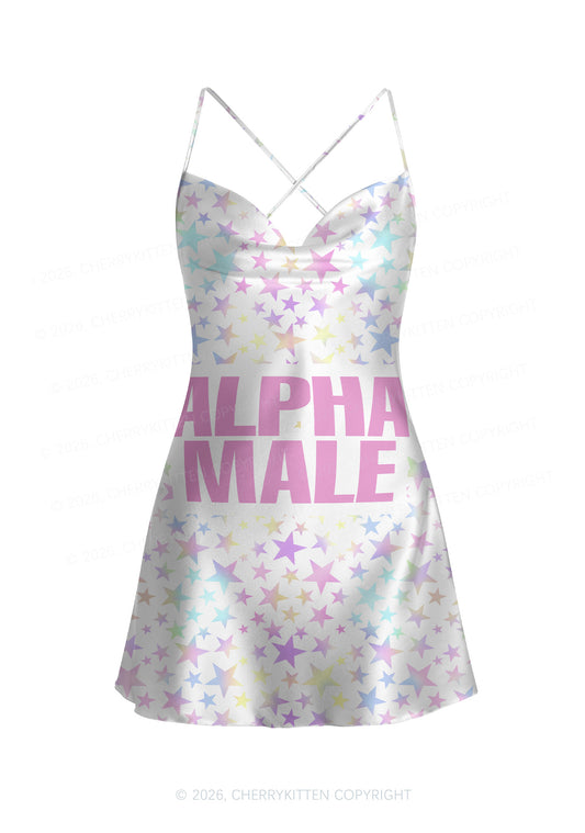 Pastel Star Alpha Male Y2K Print Satin Cowl Neck Slip Dress Cherrykitten