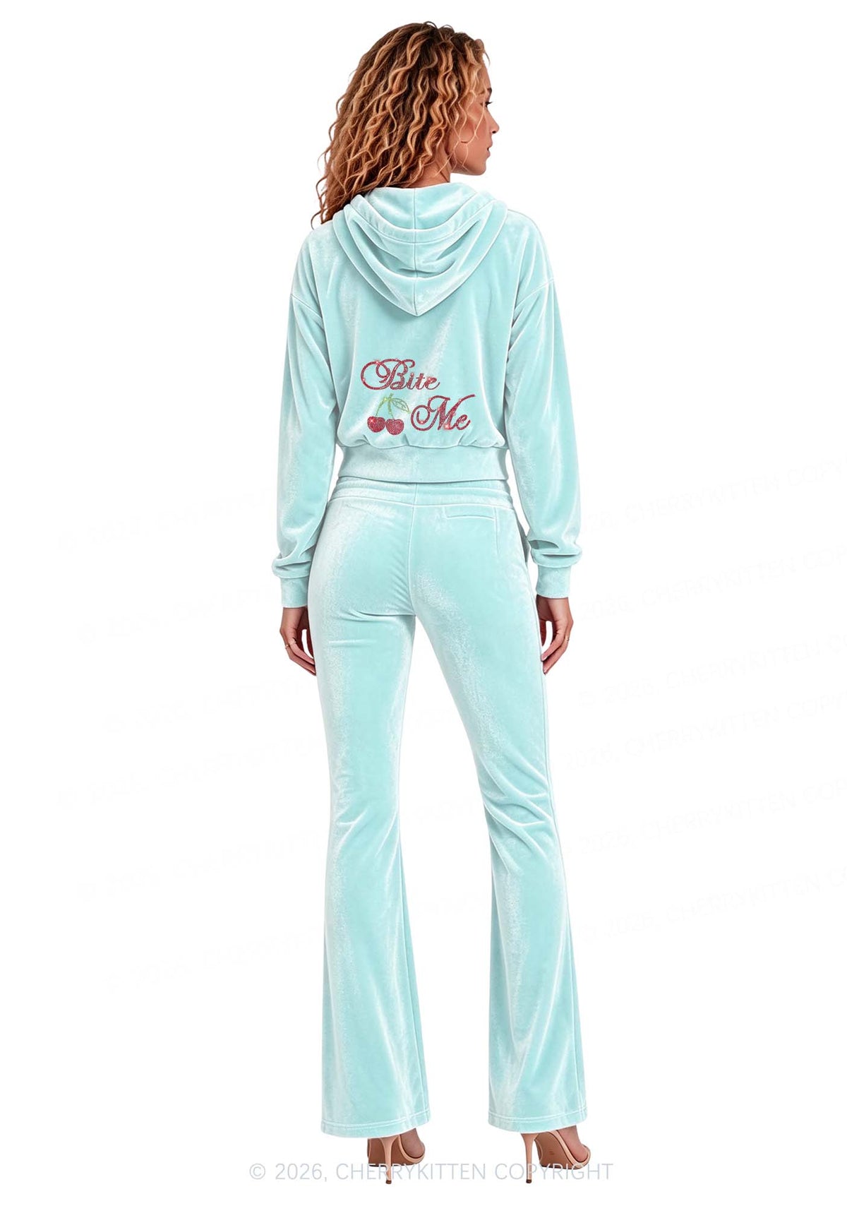 Rhinestone Red Cherry Bite Me Y2K Velvet Tracksuit Set Cherrykitten