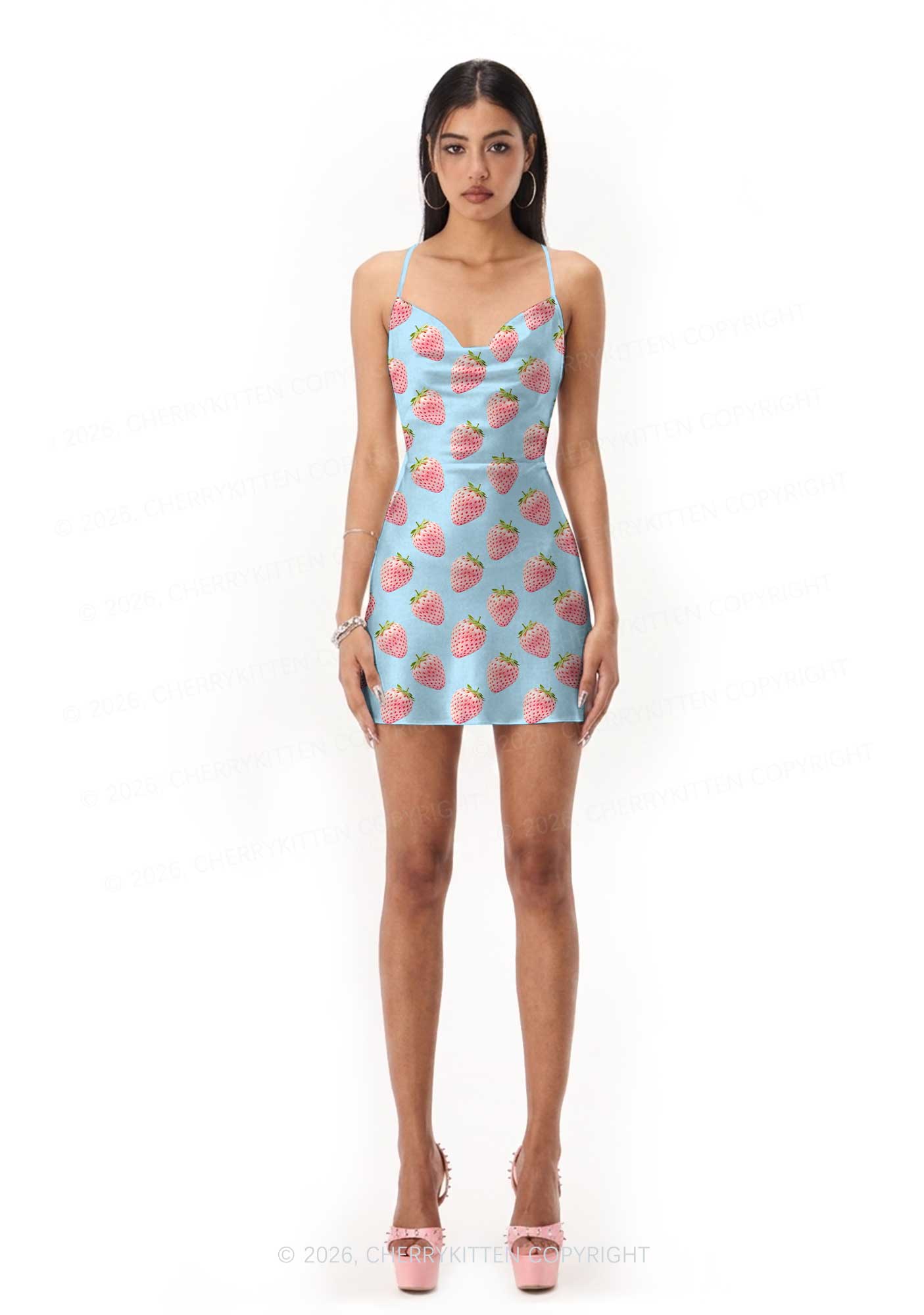 Pastel Pink Strawberry Y2K Print Satin Cowl Neck Slip Dress Cherrykitten