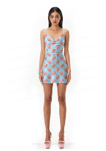 Pastel Pink Strawberry Y2K Print Satin Cowl Neck Slip Dress Cherrykitten