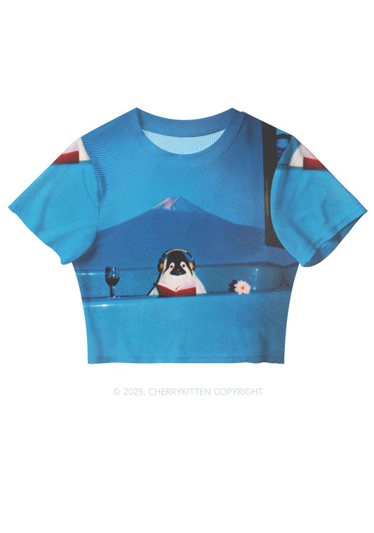 Penguin Reading Book Y2K Mesh Crop Top Cherrykitten