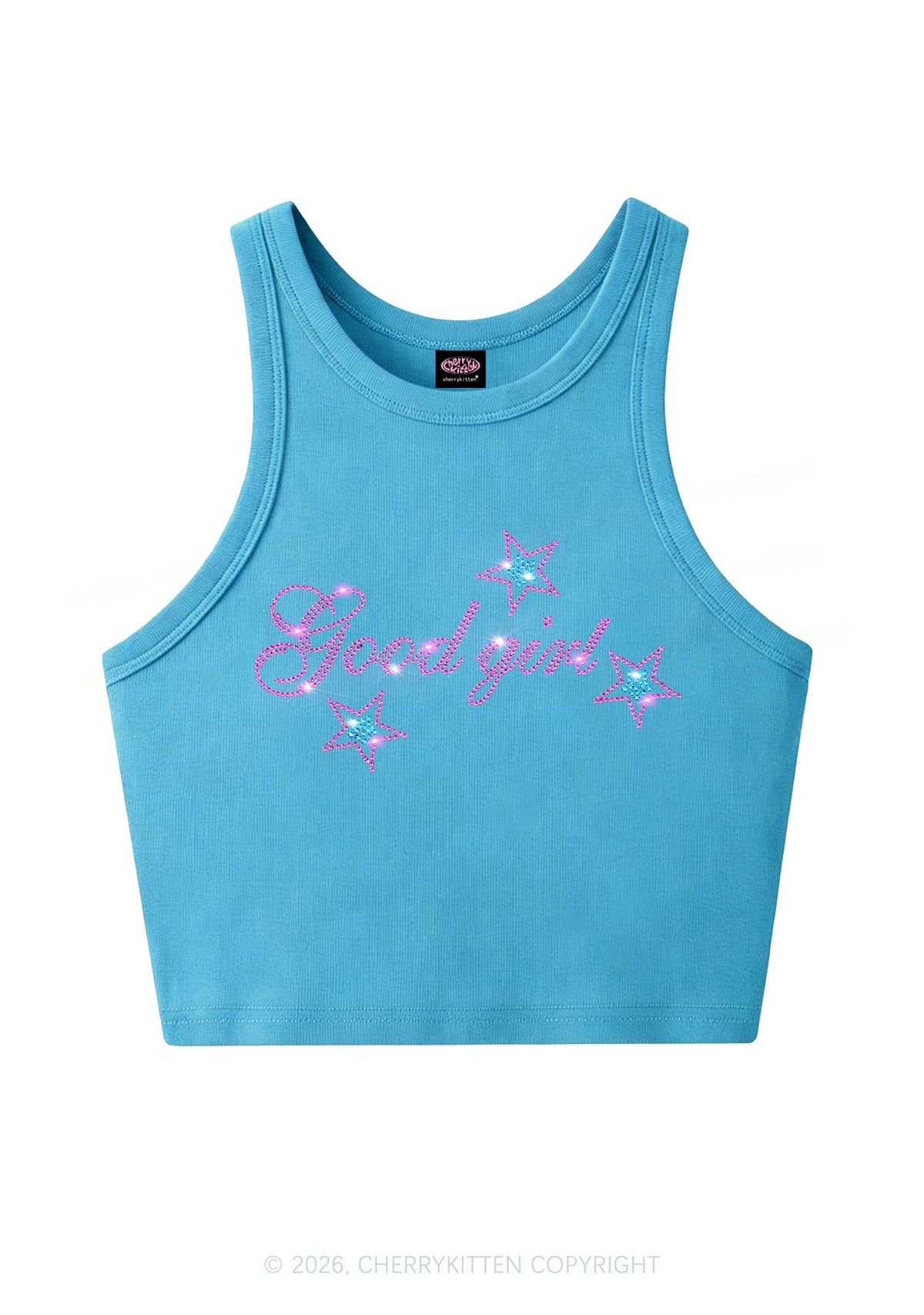 Rhinestone Good Girl Pink Star Y2K Crop Tank Top Cherrykitten