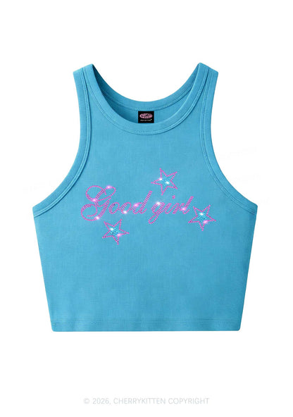 Rhinestone Good Girl Pink Star Y2K Crop Tank Top Cherrykitten