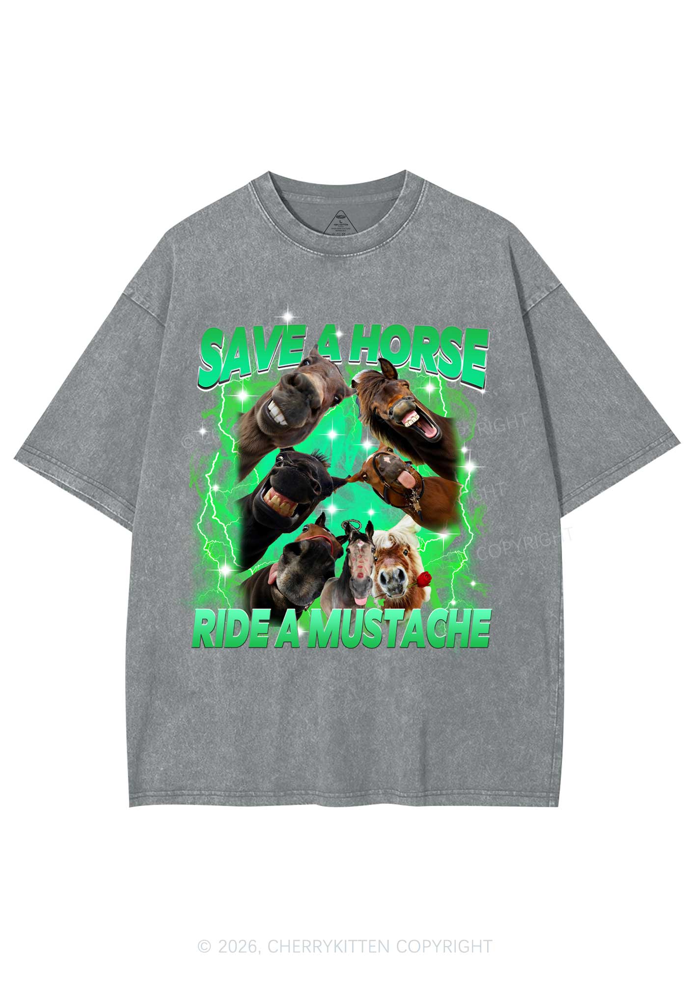 Save Horse Ride Mustache Y2K Shirts Washed Tee Cherrykitten