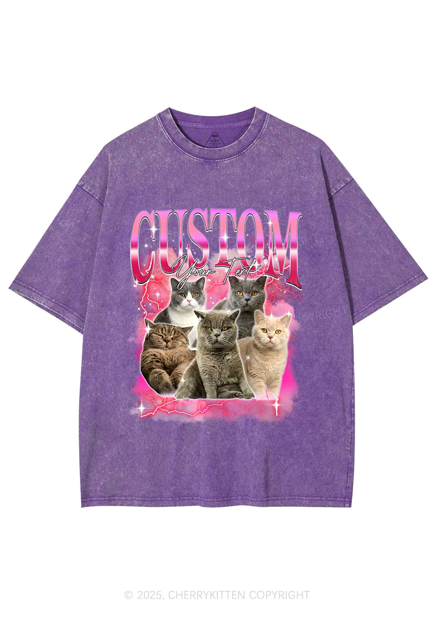 Custom Neon Lightning Cat Photo Y2K Shirts Washed Tee Cherrykitten