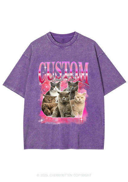 Custom Neon Lightning Cat Photo Y2K Shirts Washed Tee Cherrykitten
