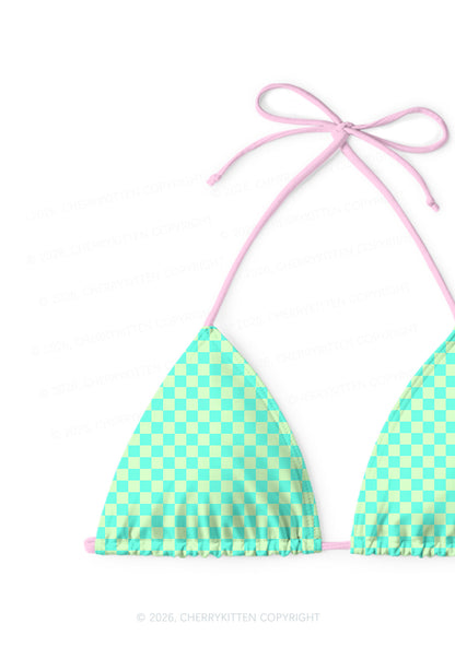 Mint Green Checkered Y2K Print Bikini Set Cherrykitten