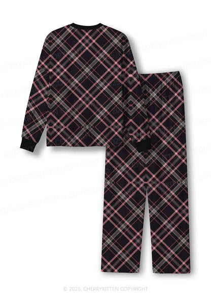 Pink Plaid Y2K Print Long Sleeve Pajama Set Cherrykitten