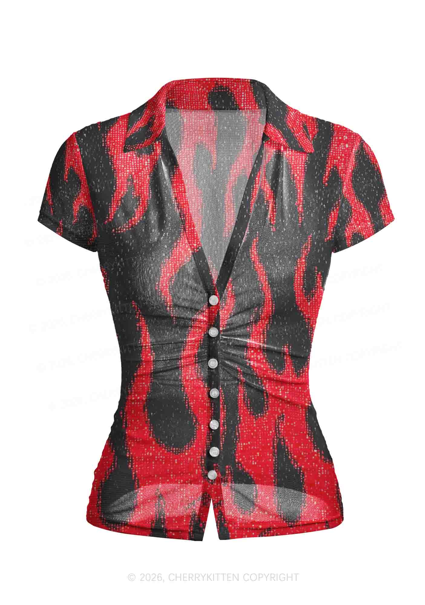 Red Flame Y2K Mesh Ruched  Waist  V Neck Top Cherrykitten