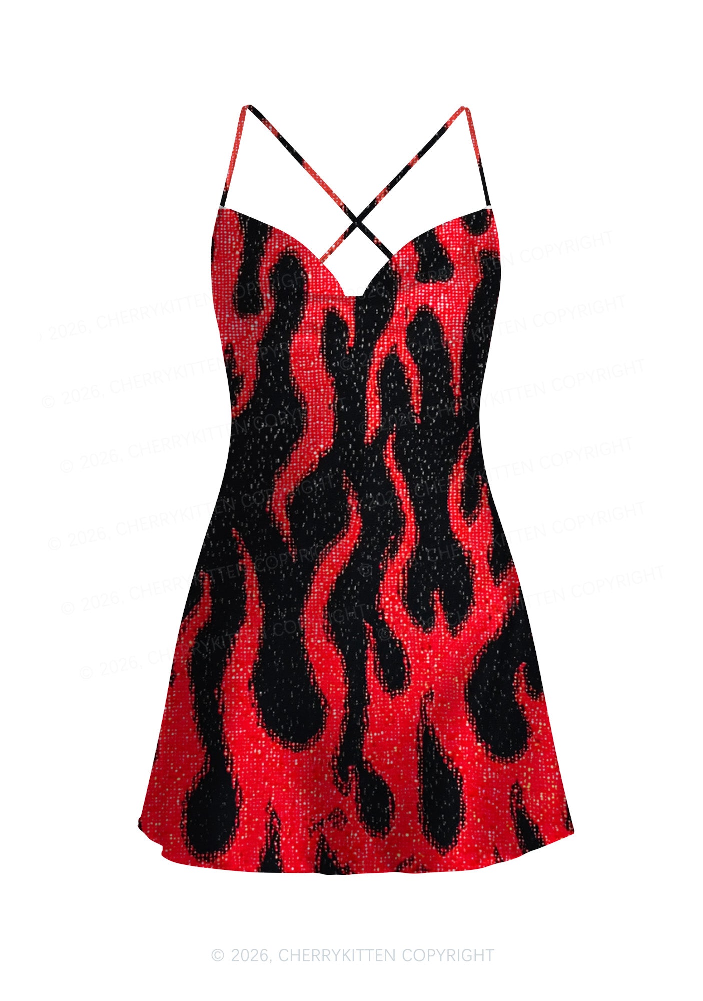Glitter Flame Y2K Print Satin Cowl Neck Slip Dress Cherrykitten
