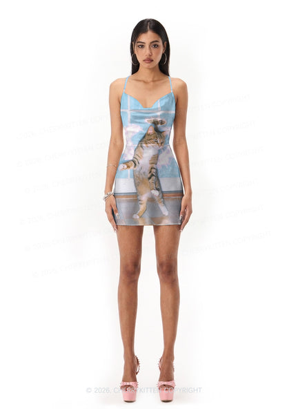Disco Cat Y2K Print Satin Cowl Neck Slip Dress Cherrykitten