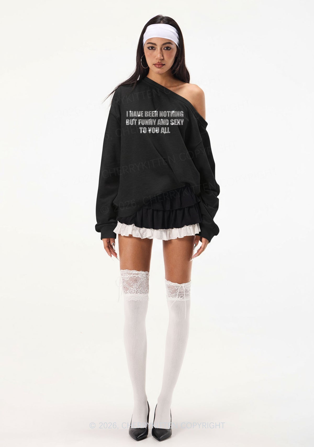 Rhinestone I Have Been Funny Y2K Off Shoulder Sweatshirts Cherrykitten
