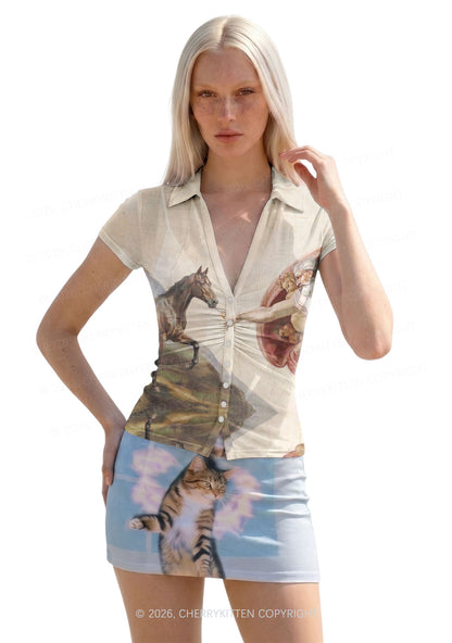 God Smoking Horse Y2K Mesh Ruched? Waist??V Neck?Top Cherrykitten