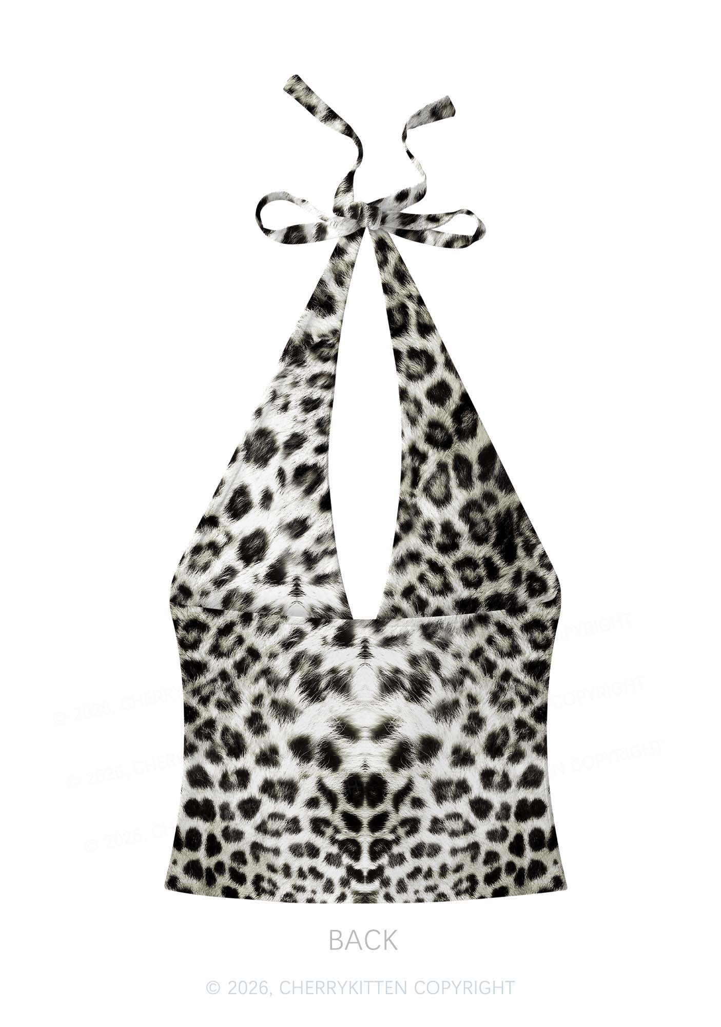 Snow Leopard Y2K Print Halter Deep V Neck Cami Cherrykitten