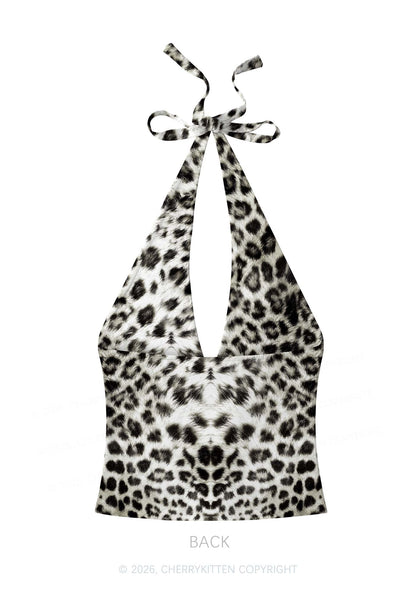 Snow Leopard Y2K Print Halter Deep V Neck Cami Cherrykitten