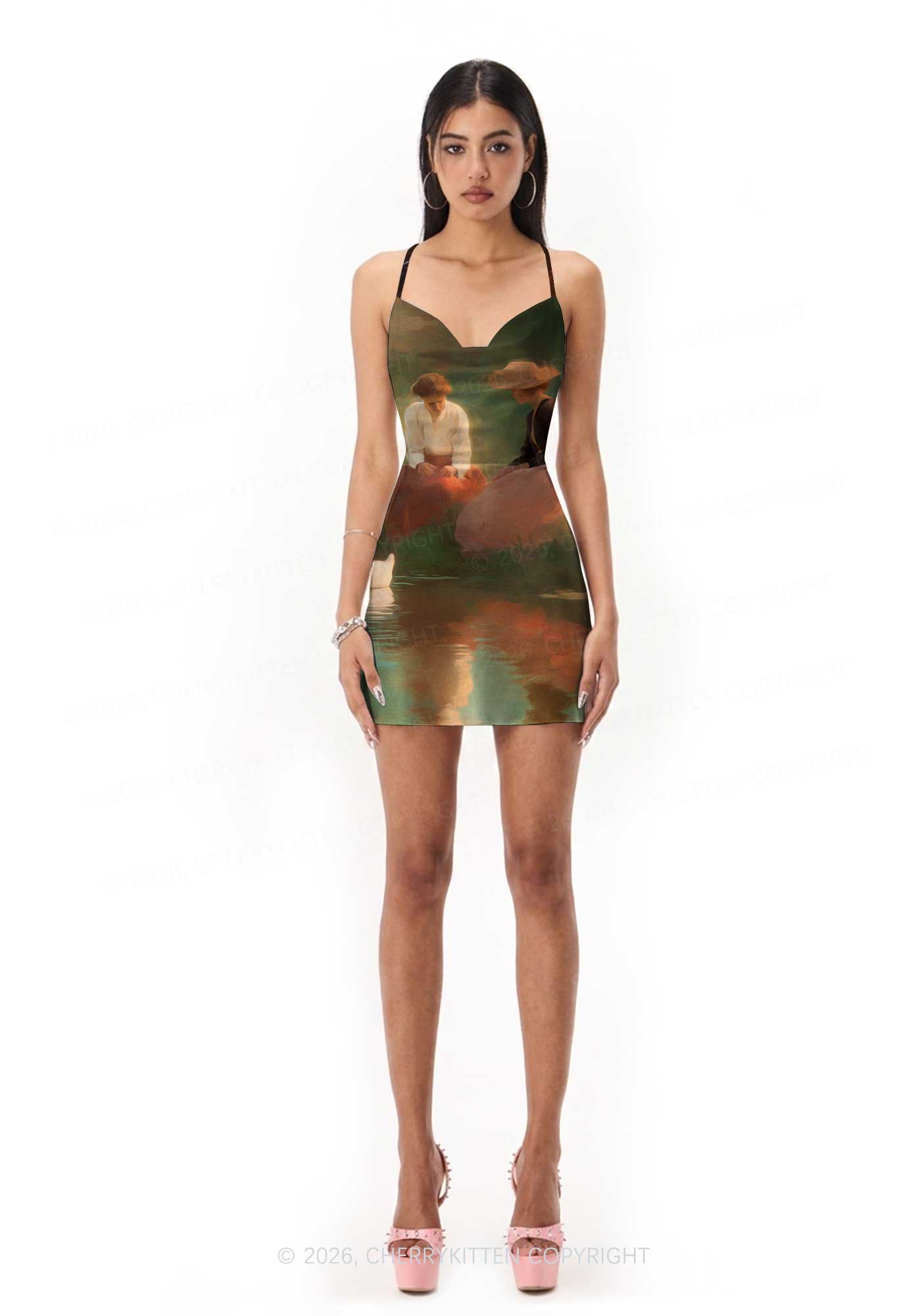 Girls Water Reflection Pride Y2K Print Satin Cowl Neck Slip Dress Cherrykitten