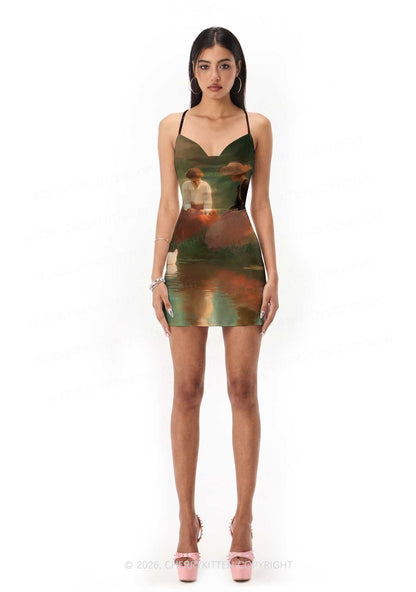 Girls Water Reflection Pride Y2K Print Satin Cowl Neck Slip Dress Cherrykitten