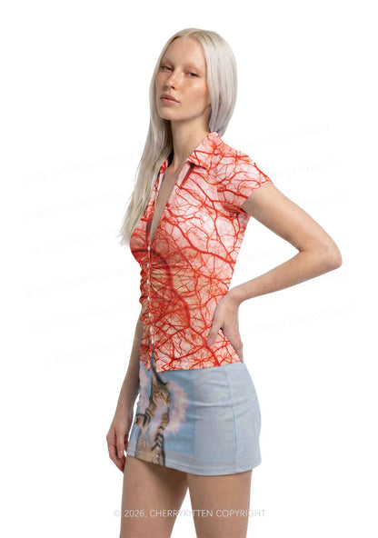Halloween Red Blood Vessel Y2K Mesh Ruched Waist V Neck Top Cherrykitten