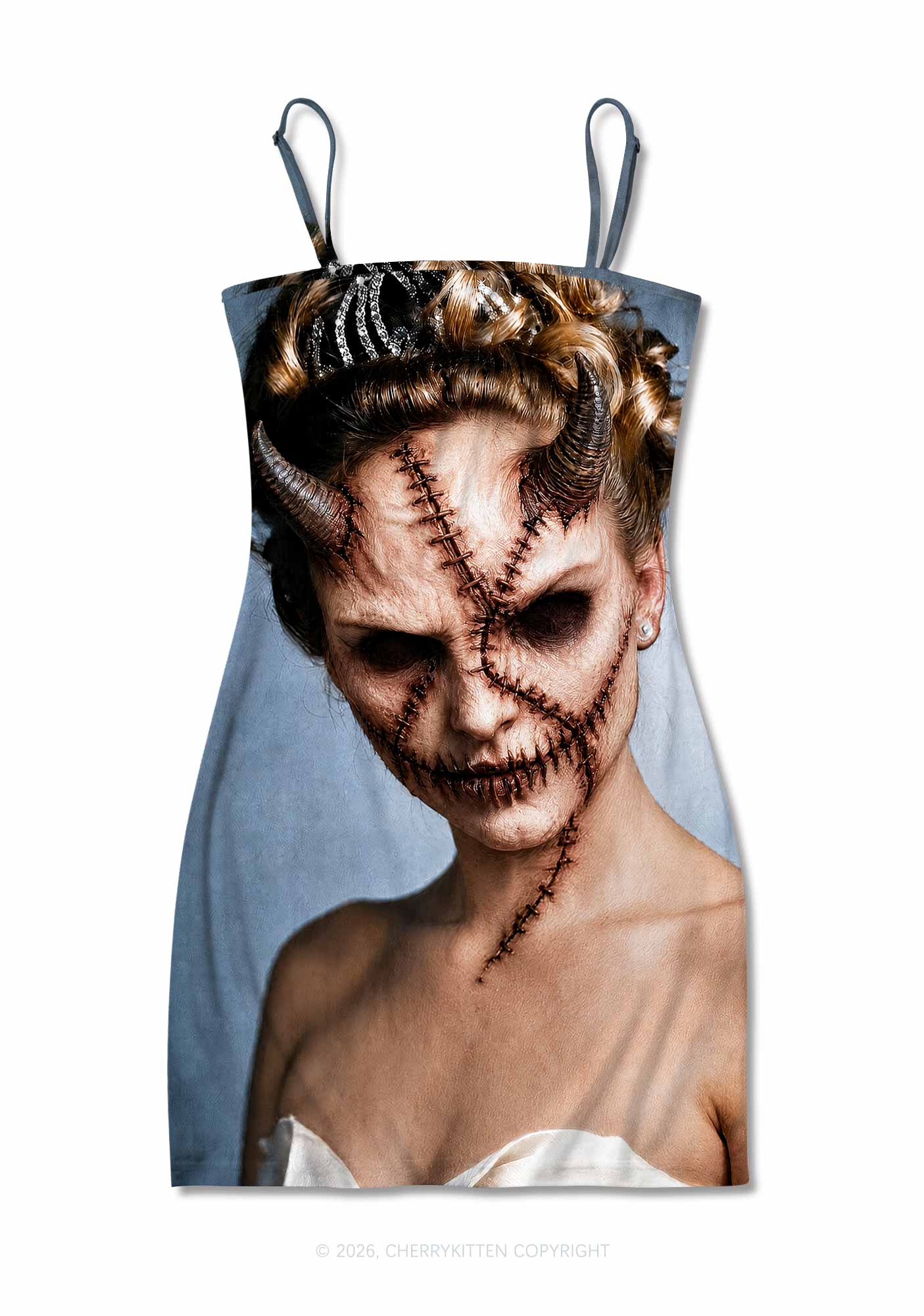 Halloween Scar Horned Demon Woman Y2K Print Slip Dress Cherrykitten