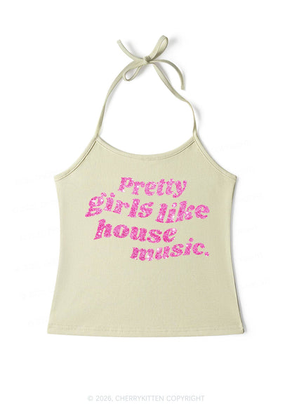 Glitter Pretty Girls Like House Music Y2K Halter Neck Cami Cherrykitten