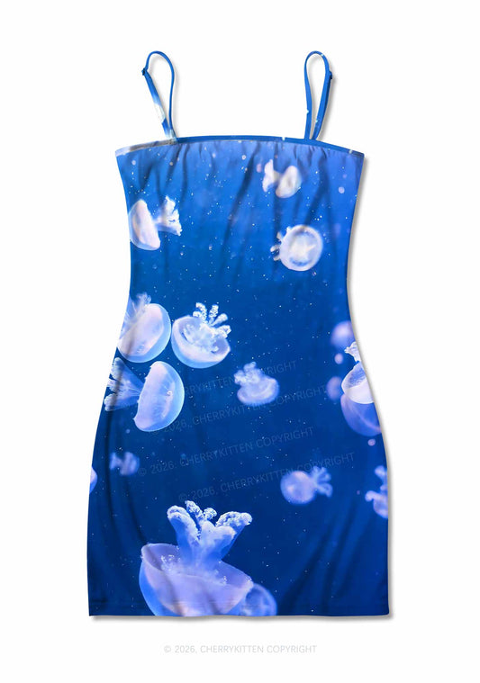 Deep Sea White Jellyfish Y2K Print Slip Dress Cherrykitten