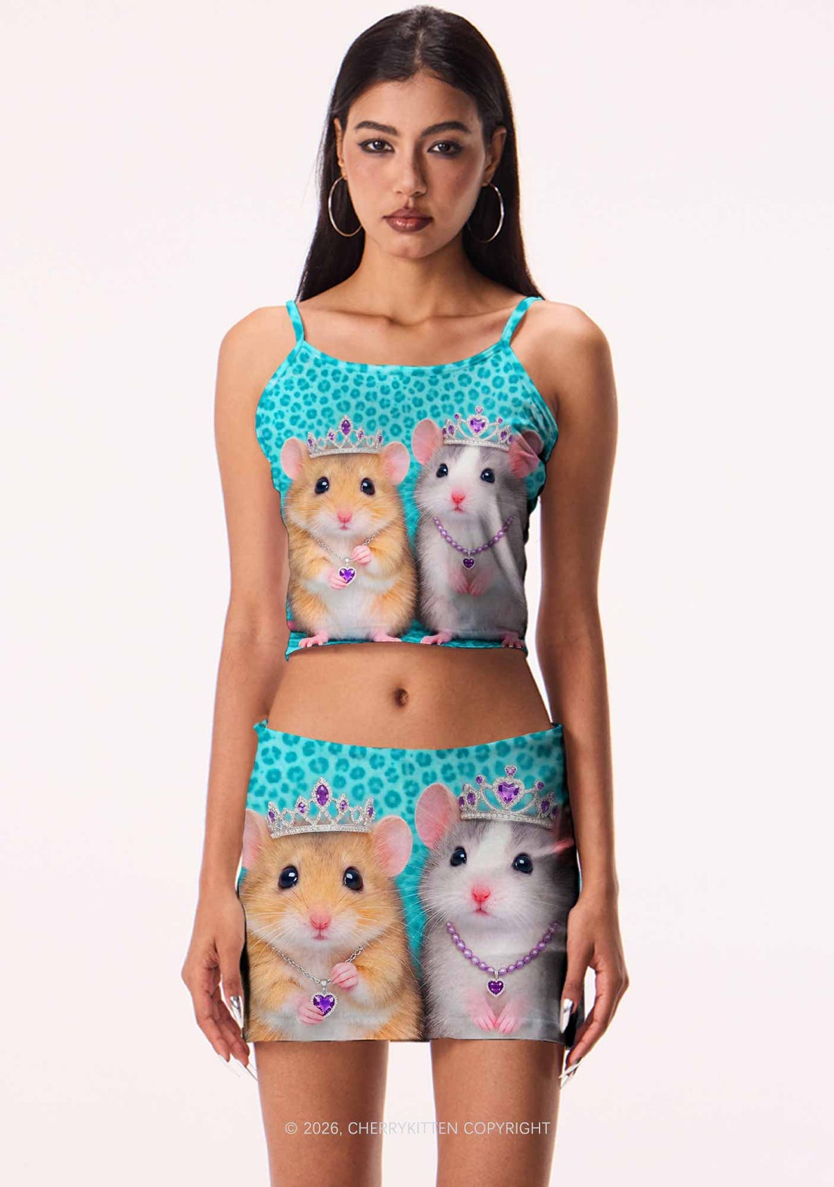Mint Leopard Hamster Y2K Print Mini Skirt Cherrykitten