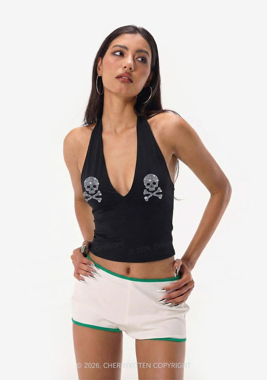 Rhinestone Skull Y2K Halter Deep V Neck Cami Cherrykitten