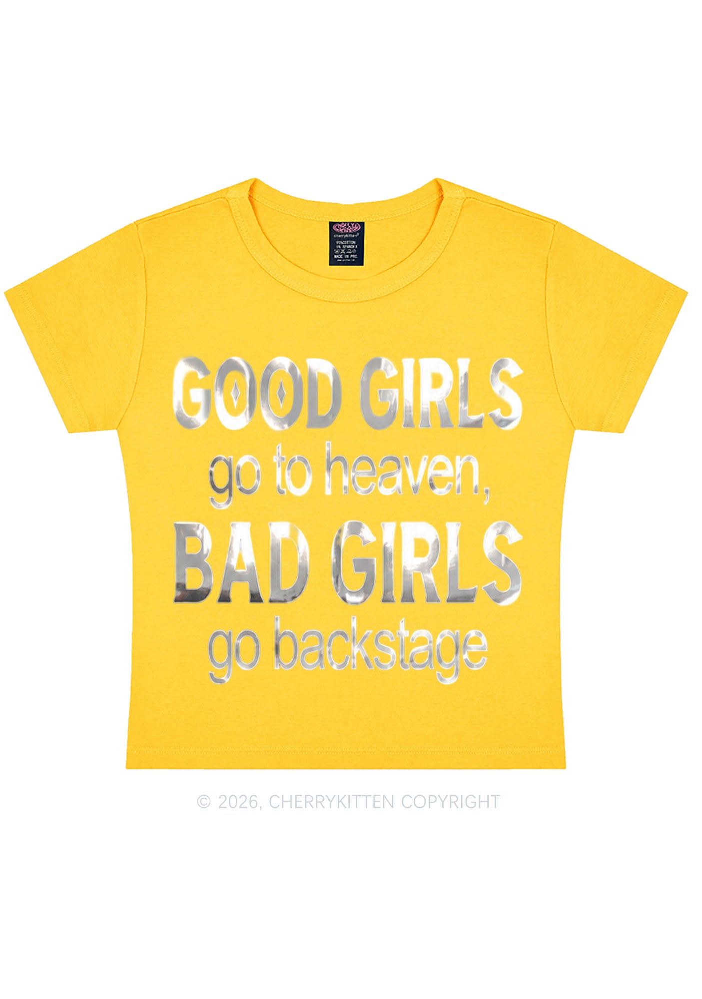 Bad Girls Go Backstage Silver Foil Printed Y2K Baby Tee Cherrykitten