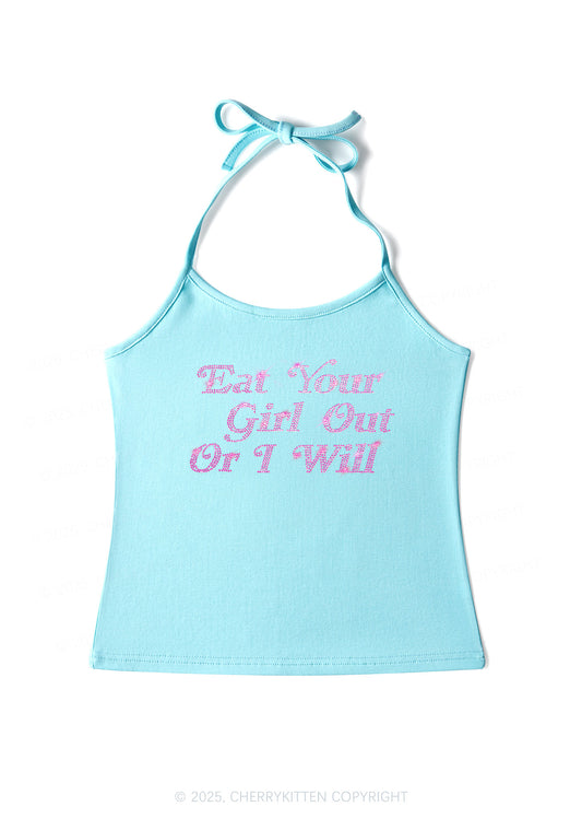 Rhinestone Eat Your Girl Out Y2K Halter Neck Cami Cherrykitten