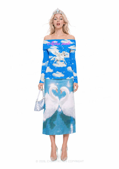 Blue Sky Alpha Male Unicorn Y2K Off Shoulder Fold Over Knit Top Cherrykitten