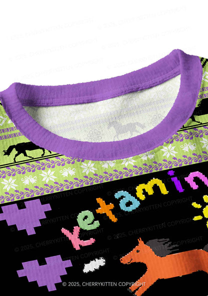 Green K Pony Y2K Christmas Crop Knit Sweatshirt Cherrykitten