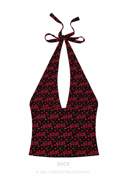 Black Slxt Y2K Print Halter Deep V Neck Cami Cherrykitten