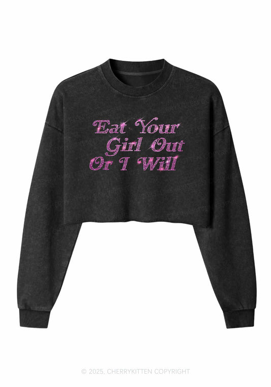 Rhinestone Eat Your Girl Out Y2K Crop Washed Sweatshirts Cherrykitten