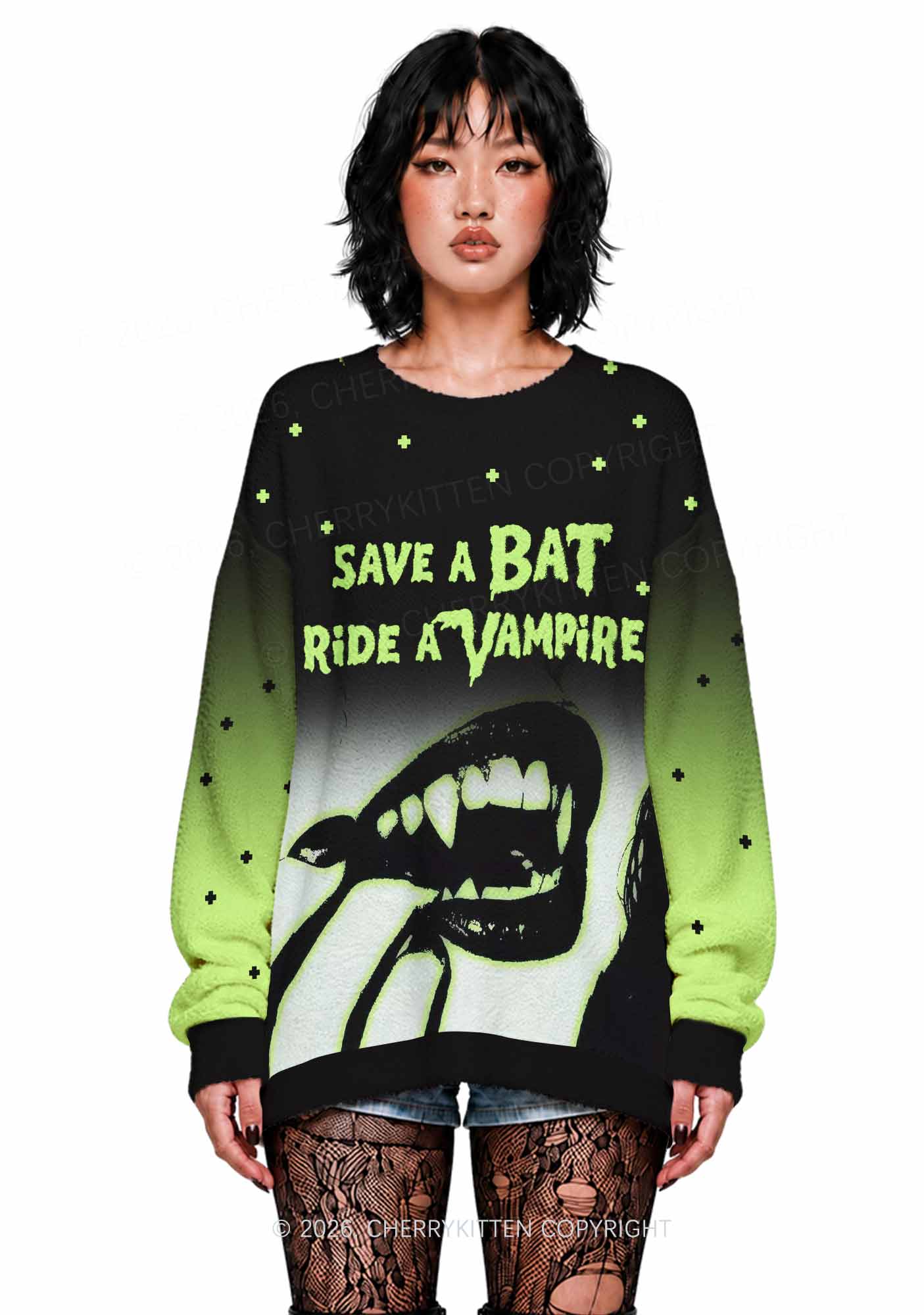 Halloween Ride A Vampire Y2K Knit Sweatshirt Cherrykitten