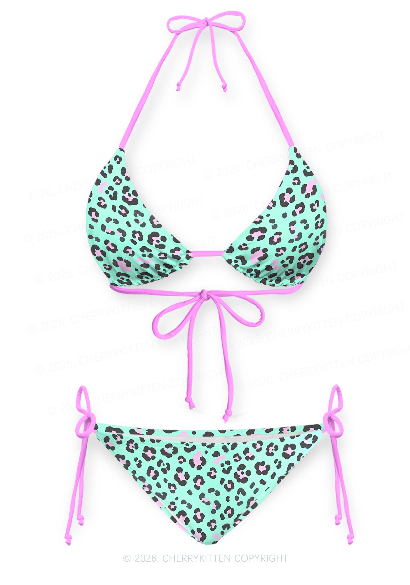 Mint Green Leopard Y2K Print Bikini Set Cherrykitten