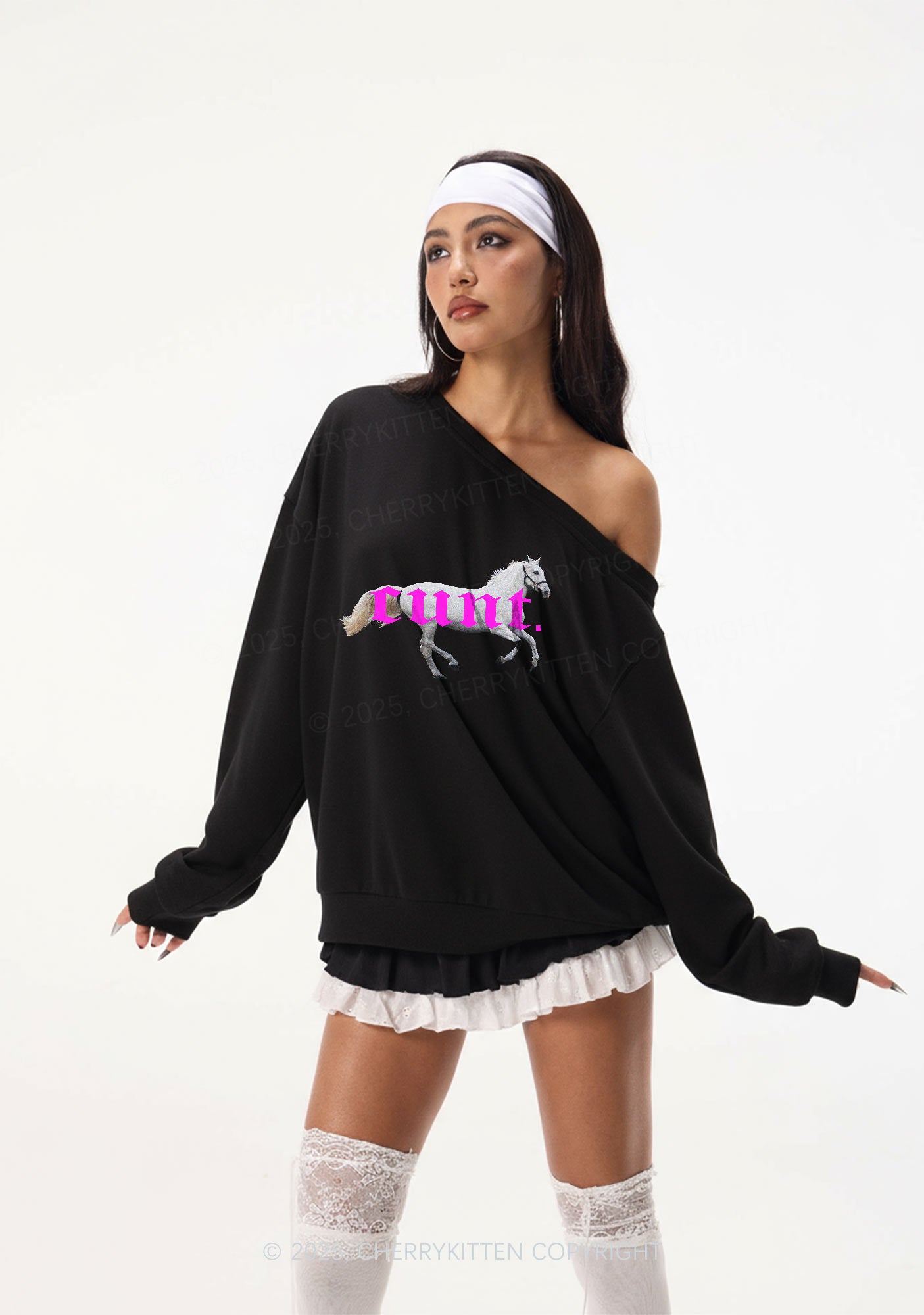 Pink Horse Y2K Off Shoulder Sweatshirts Cherrykitten