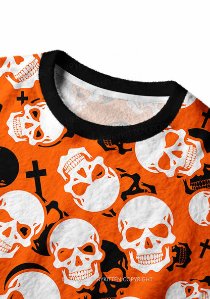Halloween Orange Skull Cross Y2K Christmas Knit Sweatshirt Cherrykitten