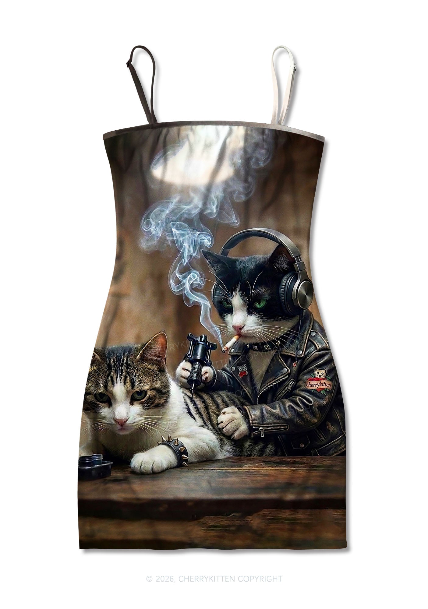 Smoking Cats Tattoo Scene Y2K Print Slip Dress Cherrykitten