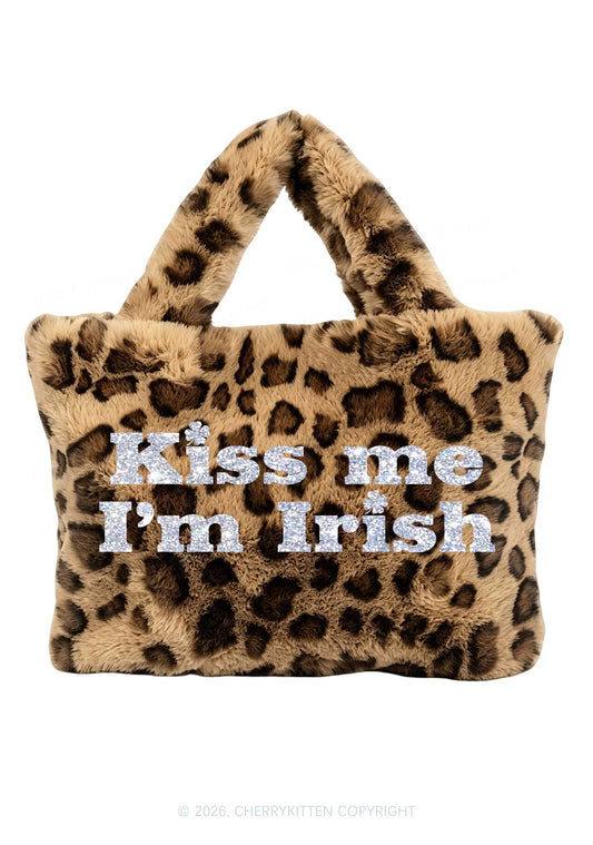 Glitter Kiss Me Im Irish St Patricks Y2K Plush Leopard Handbag Cherrykitten