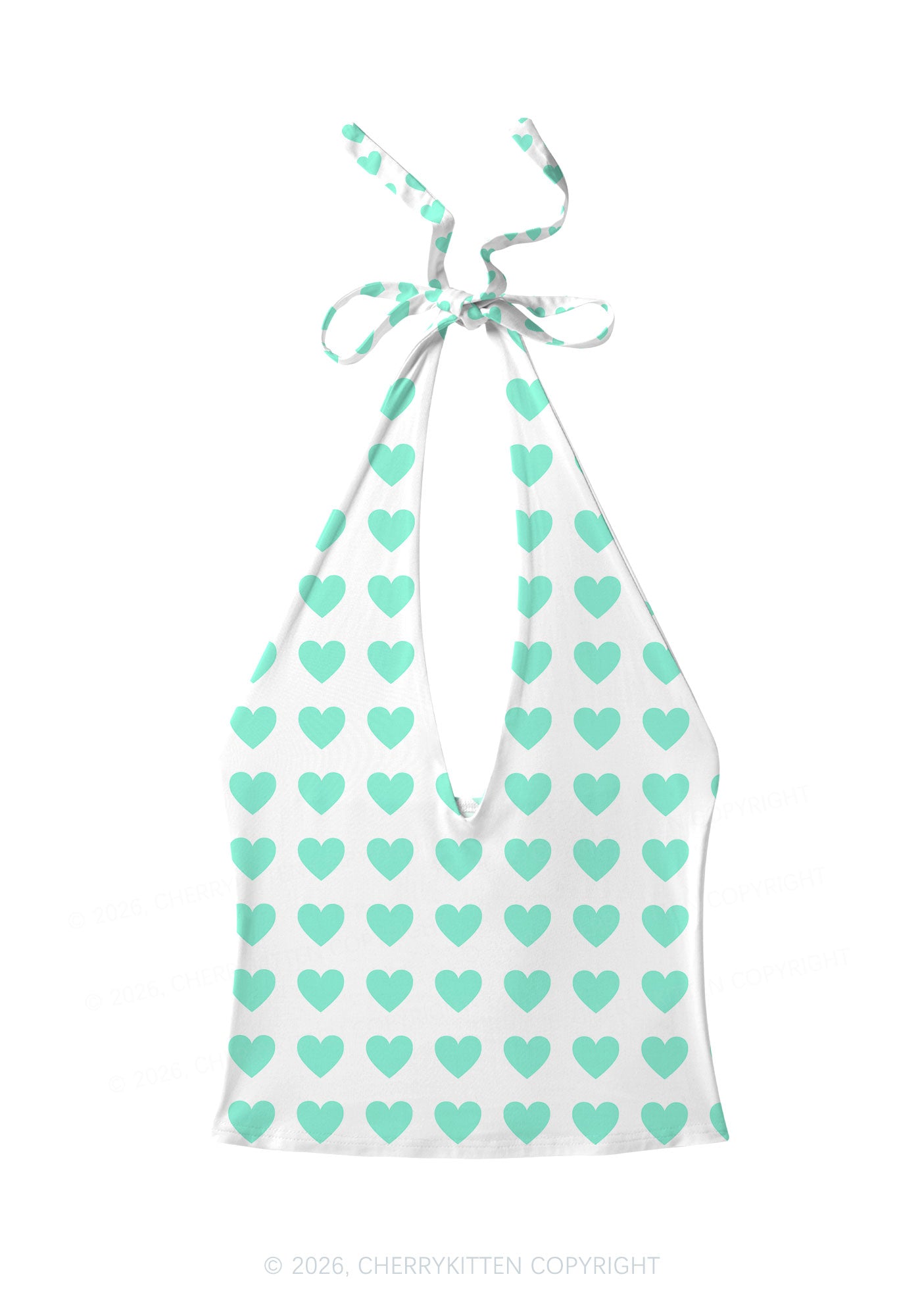 Mint Green Heart On White Y2K Print Halter Deep V Neck Cami Cherrykitten
