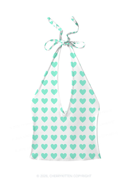 Mint Green Heart On White Y2K Print Halter Deep V Neck Cami Cherrykitten