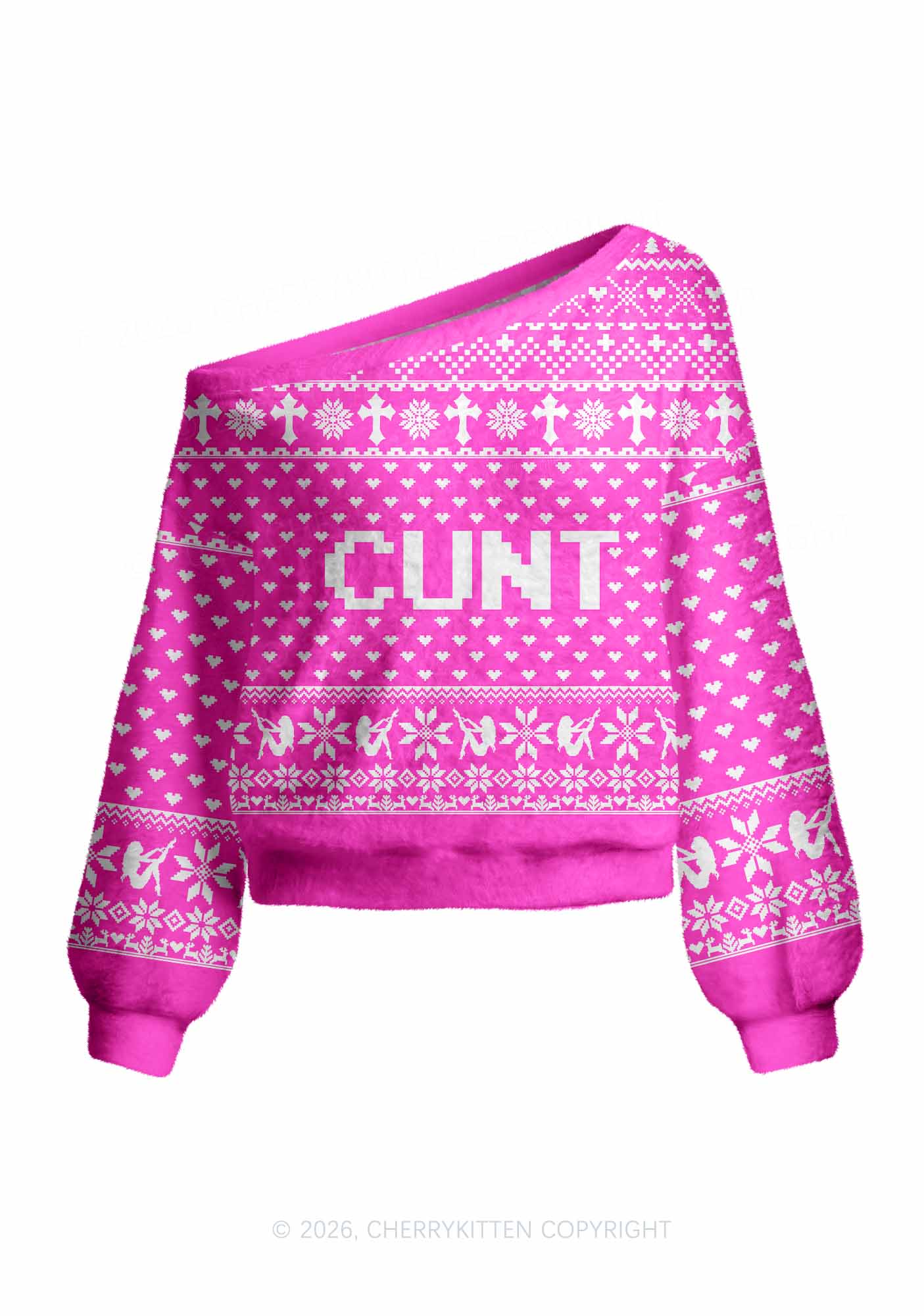Pink Cxxt Y2K Off Shoulder Knit Sweatshirt Cherrykitten