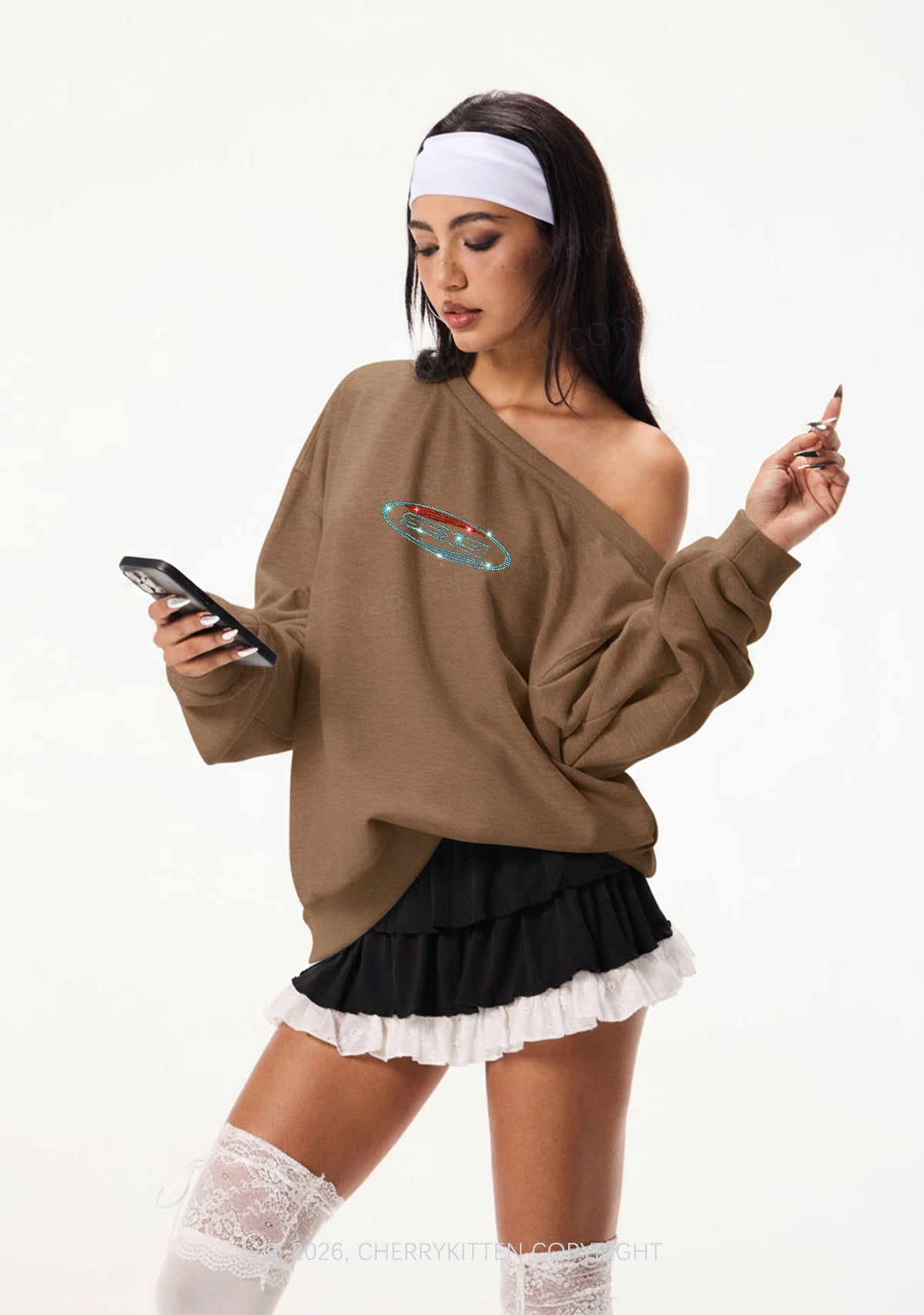 Rhinestone Sexsi Slogan Y2K Off Shoulder Sweatshirts Cherrykitten