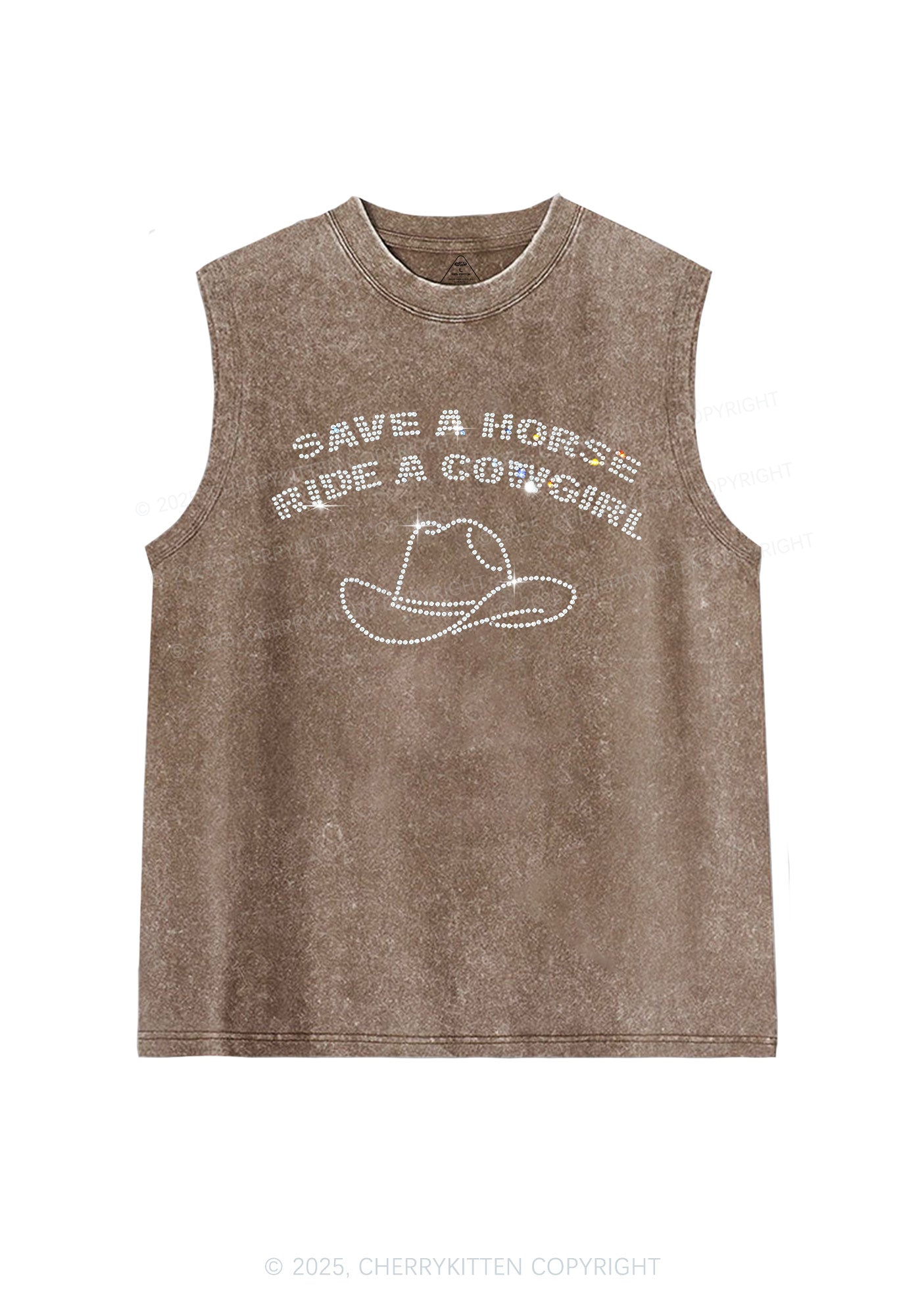 Rhinestone Save Horse Ride Cowgirl Y2K Washed Muscle Tank Cherrykitten