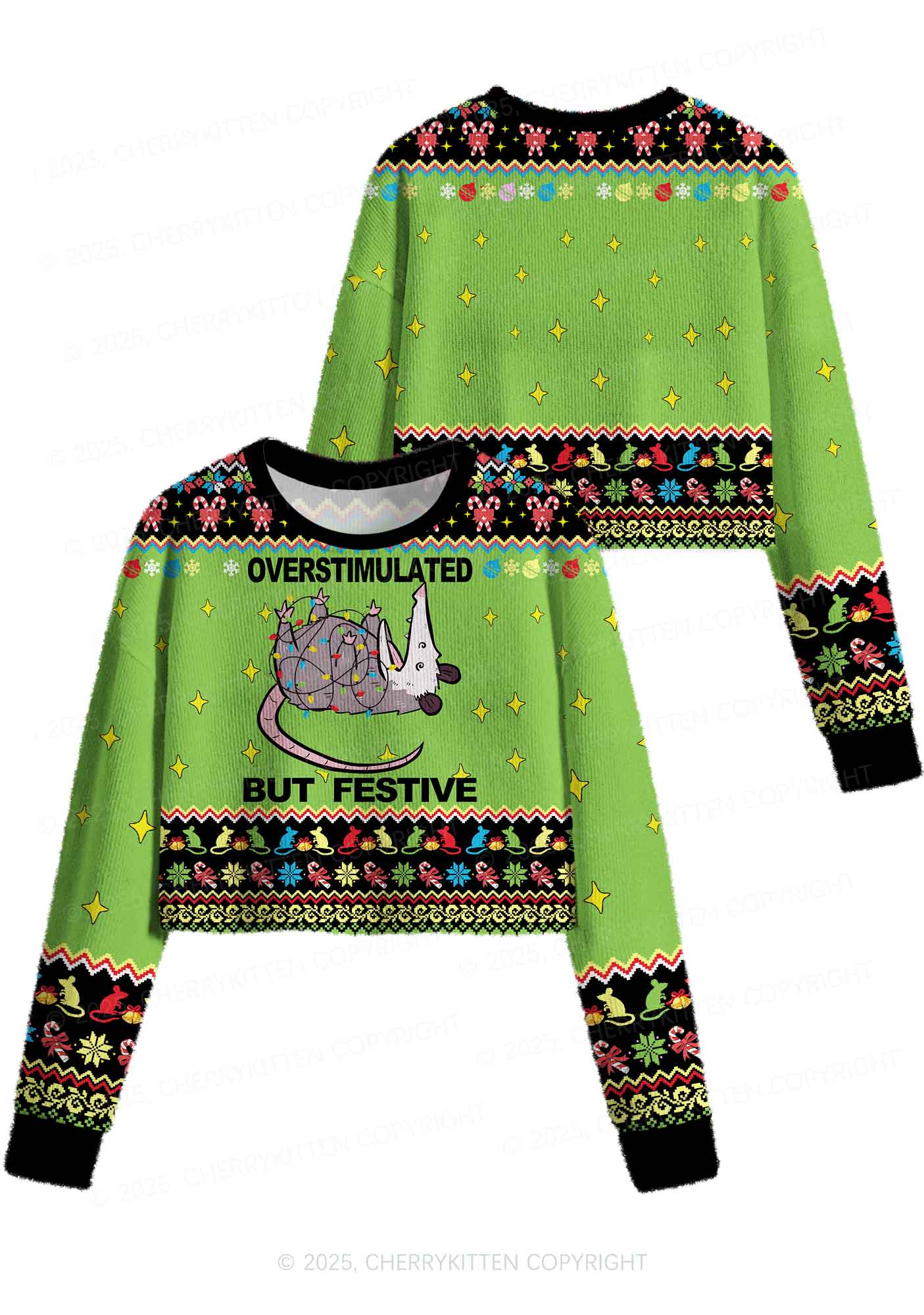 Overstimulated But Festive Y2K Christmas Crop Knit Sweatshirt Cherrykitten