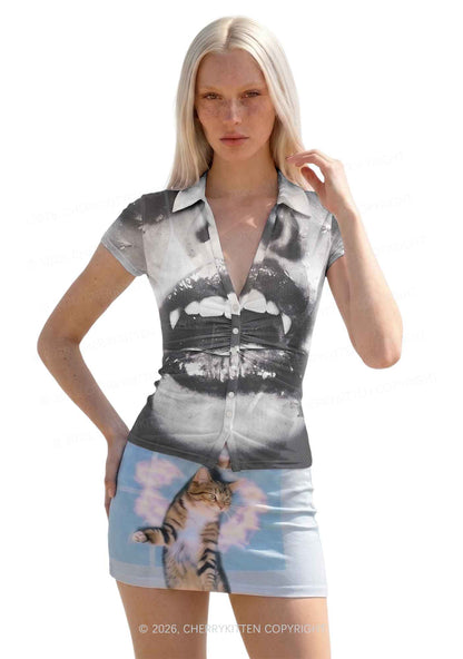 Halloween Vampire Lips Y2K Mesh Ruched Waist V Neck Top Cherrykitten