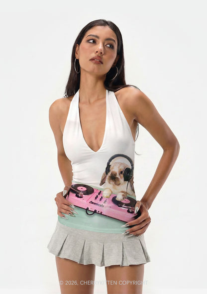 Lop Eared Bunny DJ Y2K Print Halter Deep V Neck Cami Cherrykitten