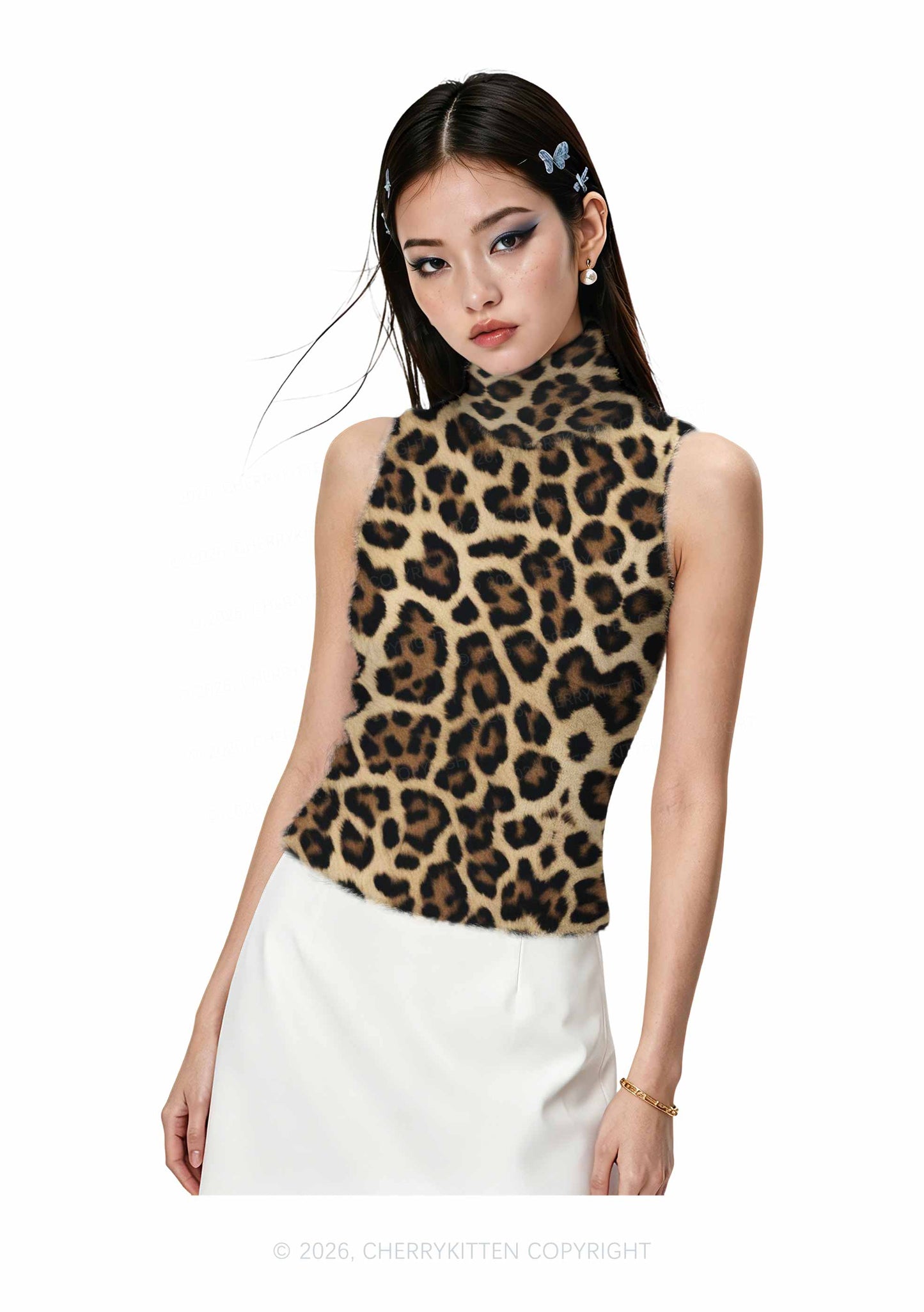 Brown Leopard Y2K Knit Turtleneck Tank Top Cherrykitten