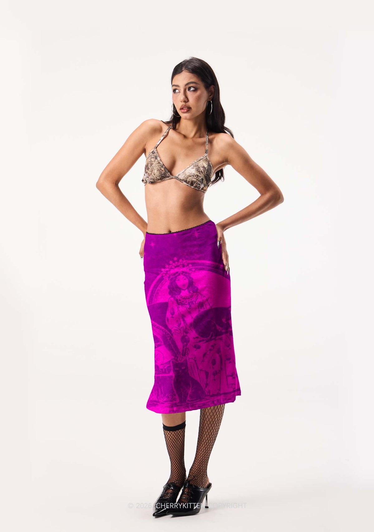 Magical Lady With Cats Y2K Print Midi Skirt Cherrykitten