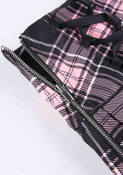 Y2K High Waist Pink Plaid Pleated Lace Up Skirt Cherrykitten